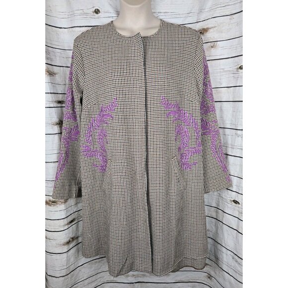 J Jill Houndstooth Purple Floral Embroidered Jacket 2X Long Womens Snap Front - Picture 1 of 8